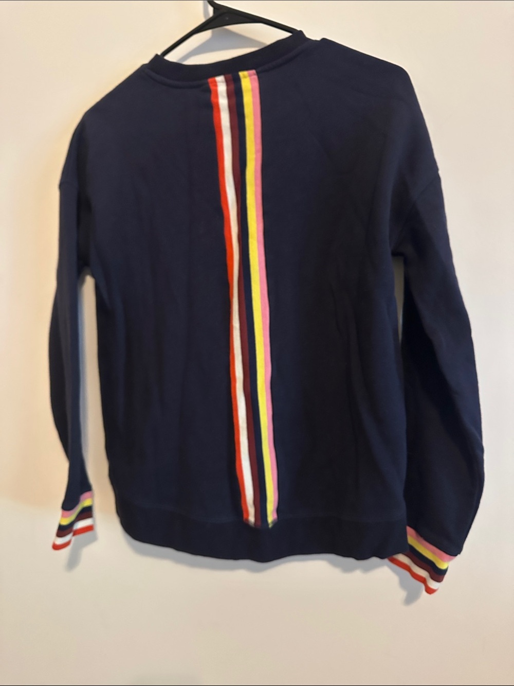 Boden Navy Crewneck Sweatshirt with Multicolor Stripe Trim - Picture 3 of 3